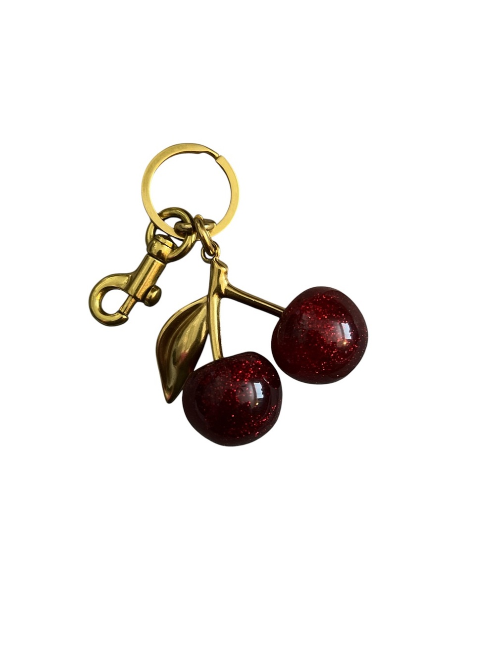 Gold Double Cherry Keychain with Red Glitter Charms